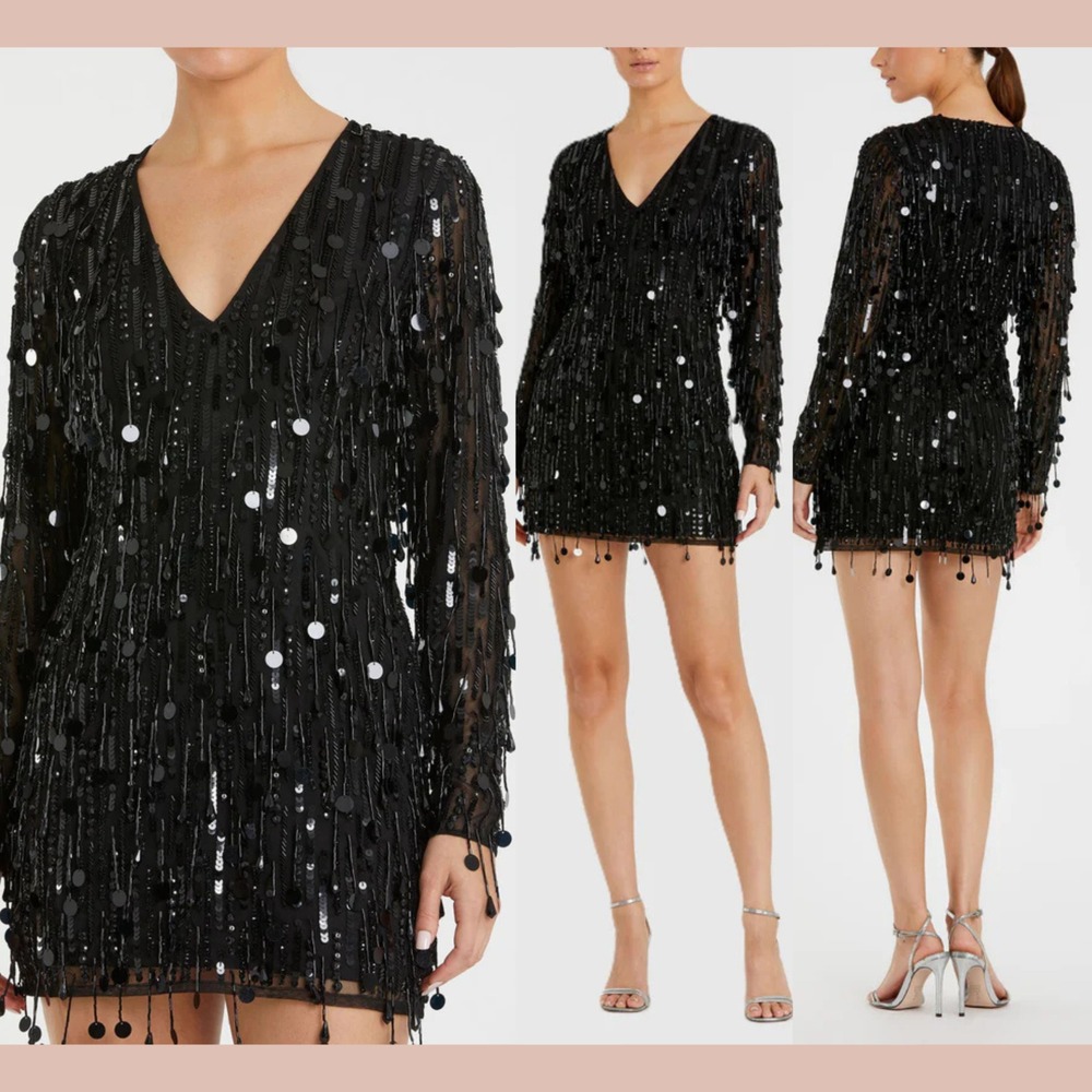 NWT Mac Duggal [ 4 ] 93850 Long Sleeve Beaded Fringe Plunge Neck Dress J1893‎